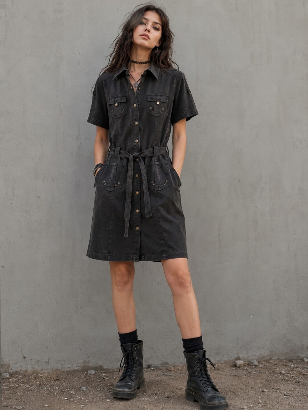 Y2k Distressed Military Festival Grunge Linen Black Button Shirt Dress with Belt